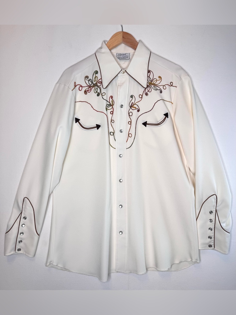 VTG H Bar C California Ranchwear Long‎ Tail Embroidered Pearl Snap Shirt Sz 16.5